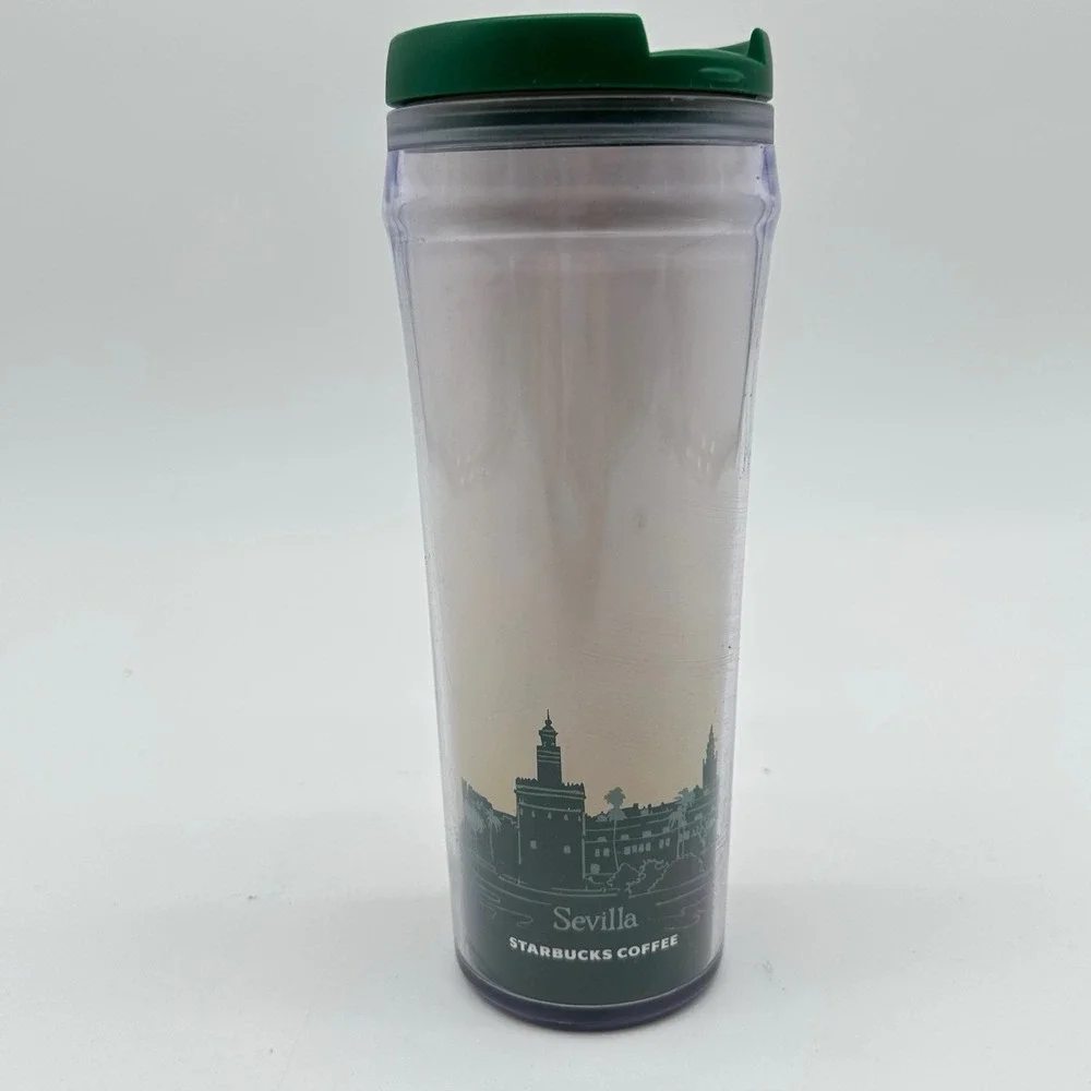 Y2K Starbucks Seville‎ Tumbler Travel Coffee Mug Green Flip Top 2004 Insulated